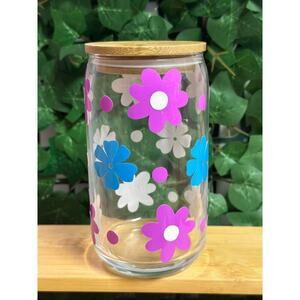 Pink and Blue Flower Color Changing Glass Can with Bamboo Lid and Glass Straw